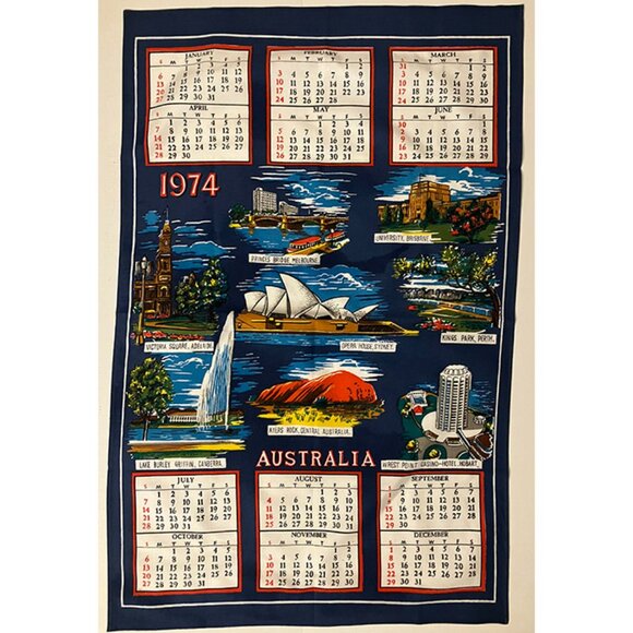 Vintage 1970s Australian Tourist 1974 Calendar Towel - Picture 1 of 4